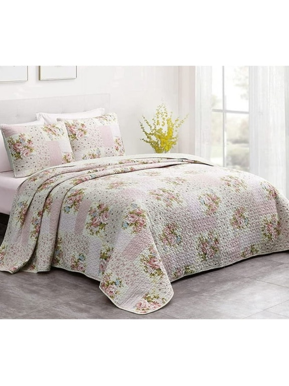 Floral Patchwork 3 piece 100% cotton Full Quilt Set - Pink